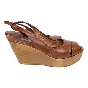 Vintage Alaia Brown Leather Wood Platform Slingback Sandal Size 37.5